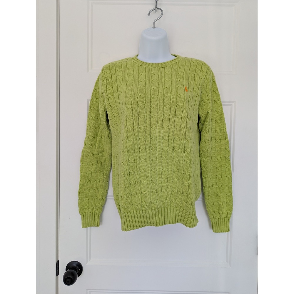 Ralph Lauren Lime Green Cable Knit Cotton Sweater Womens Medium Orange Pony Logo